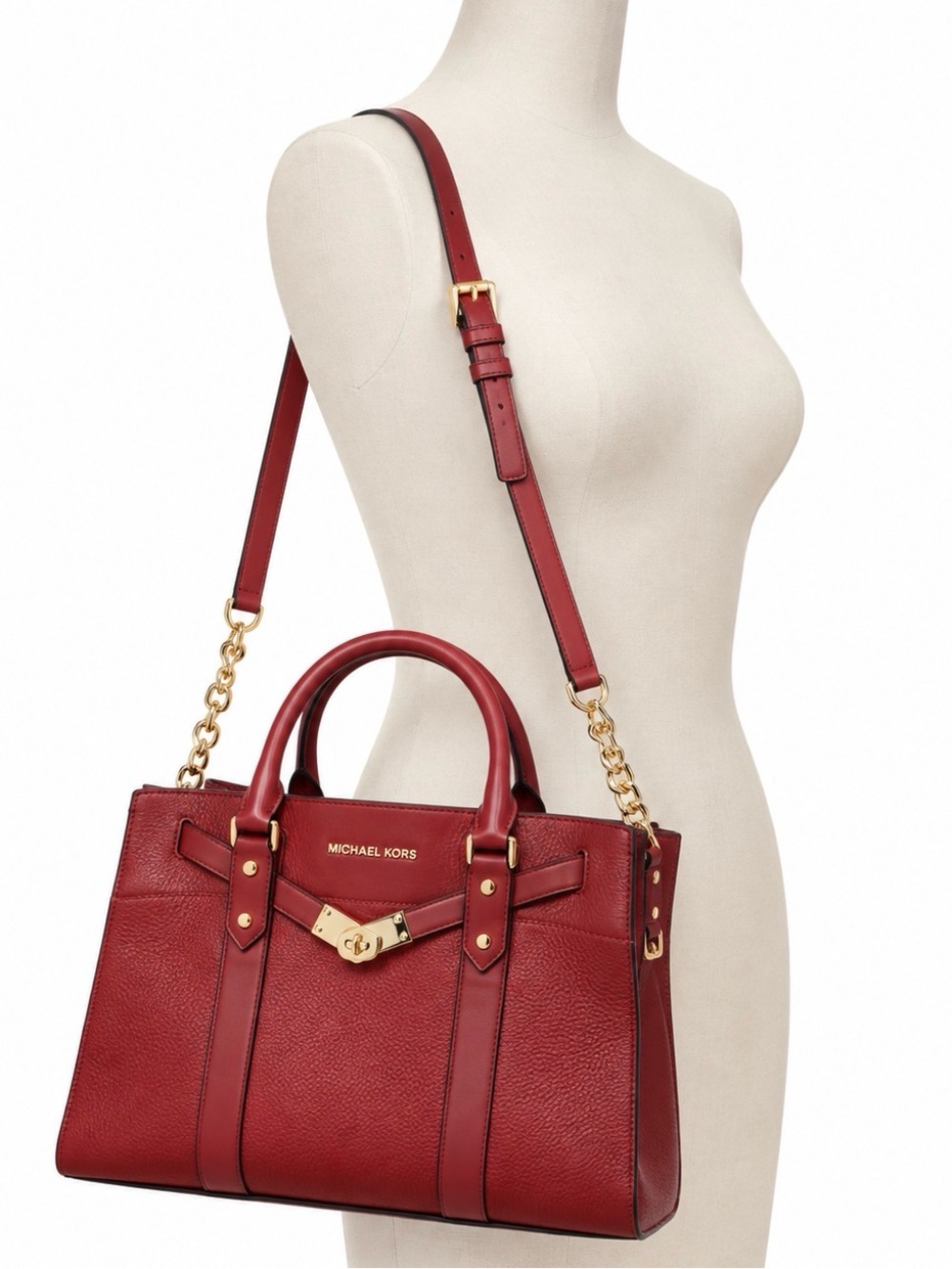 Michael Kors Structured Burgundy Pebbled Leather Satchel with Gold Hardware